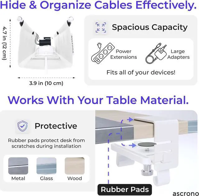 Alt view image 5 of 6 - CableCare No Drill Under Desk Cable Management Tray 40.6" -for Desk Wire Management - Premium White Fabric to Hide Cords - Clamp/Screw Mount - Supports Upto 66lbs - Cable Management Under Desk