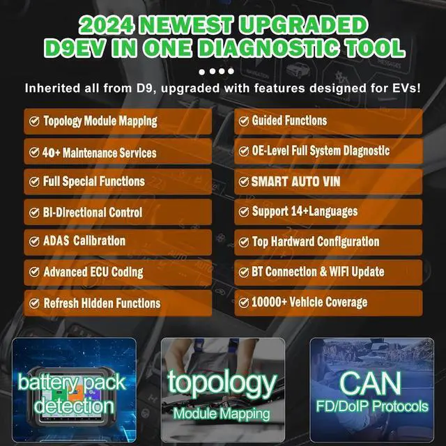 Alt view image 2 of 7 - D9EV Automotive Scanner, High Voltage System/Battery Pack Analysis for Tesla/EV/Electric, Topology Map, ECU Coding/PMI, Bi-Directional Scan Tool, 42+ Resets, DoIP/CAN FD, 2 Years Update