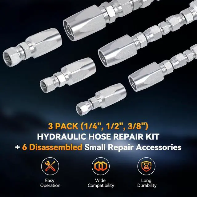 Alt view image 2 of 7 - 3Pcs Hydraulic Hose Field Repair Kit, 1/4", 3/8", 1/2" Inner Diameter and 6Pcs Small Repair Parts, Reusable, 08 (R2) 2-Wire Reusable Hydraulic Repair Fittings