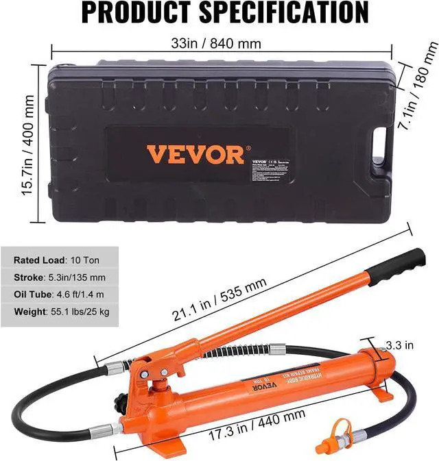 Alt view image 7 of 7 - 10 Ton Porta Power Kit, Hydraulic Ram with Pump, Car Jack with 4.6 ft/1.4 m Oil Hose, Bent Frame Repair Tool with Storage Case for Automotive, Garage, Heavy Equipment, Mechanic (22046 LBS)