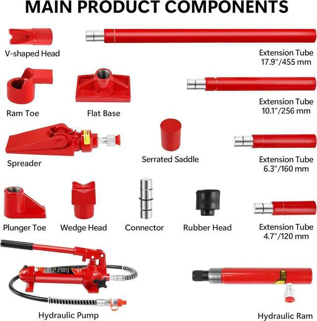 Alt view image 3 of 7 - 4 Ton Porta Power Kit,16-Pcs Portable Hydraulic Multifunctional Jack with Oil Hose,Auto Body Frame Repair Kit with Storage Case,Hydraulic Ram for Car Truck Repair, 8000 Lbs Capacity, Red (4 Ton)
