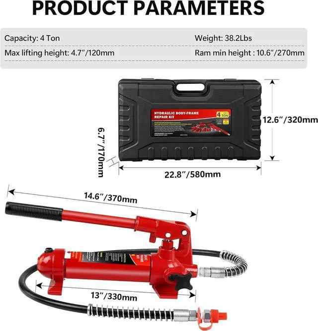 Alt view image 4 of 7 - 4 Ton Porta Power Kit,16-Pcs Portable Hydraulic Multifunctional Jack with Oil Hose,Auto Body Frame Repair Kit with Storage Case,Hydraulic Ram for Car Truck Repair, 8000 Lbs Capacity, Red (4 Ton)