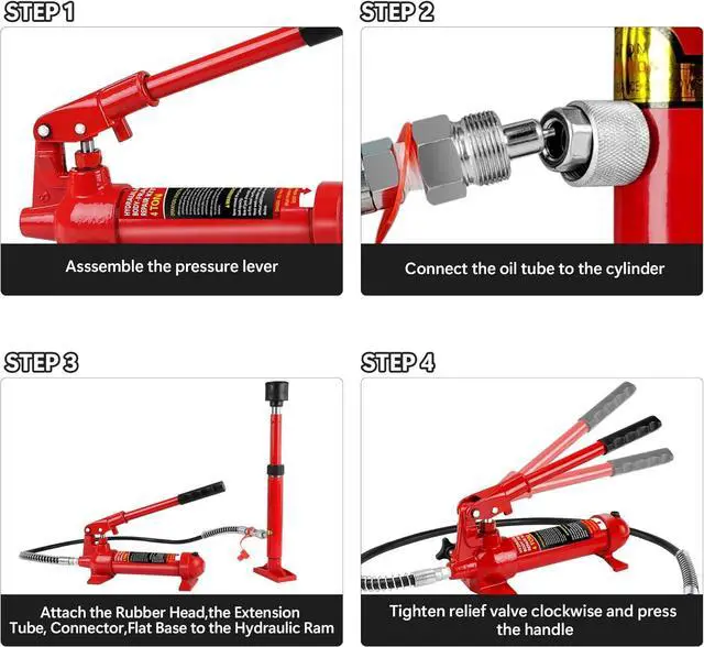 Alt view image 6 of 7 - 4 Ton Porta Power Kit,16-Pcs Portable Hydraulic Multifunctional Jack with Oil Hose,Auto Body Frame Repair Kit with Storage Case,Hydraulic Ram for Car Truck Repair, 8000 Lbs Capacity, Red (4 Ton)