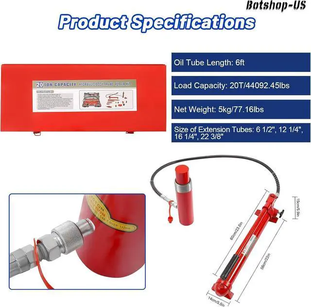 Alt view image 5 of 6 - 20 Ton Portable Power Hydraulic Jack with 6 FT Oil Hose Auto Body Frame Repair Kit Hydraulic Equipment 5 1/3" Lifting Range Truck Car Jack Ram Autobody Frame Repair Power Tools