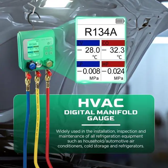 Alt view image 2 of 7 - 92 Refrigerant Digital Manifold Gauges HVAC Manifold Gauge Set R134A R410A Gauges AC Gauges Kit with Hose Digital Refrigerant Gauge Pressure Vacuum Test with 2.4" HD Color Display