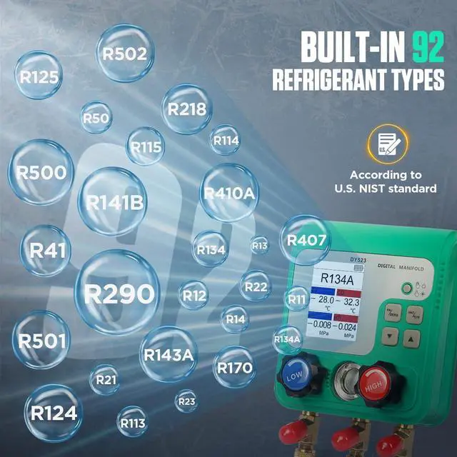 Alt view image 3 of 7 - 92 Refrigerant Digital Manifold Gauges HVAC Manifold Gauge Set R134A R410A Gauges AC Gauges Kit with Hose Digital Refrigerant Gauge Pressure Vacuum Test with 2.4" HD Color Display