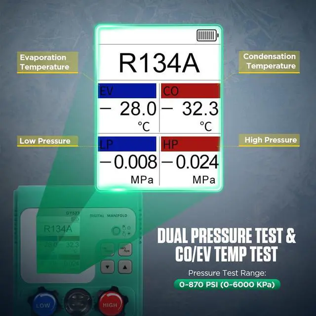 Alt view image 6 of 7 - 92 Refrigerant Digital Manifold Gauges HVAC Manifold Gauge Set R134A R410A Gauges AC Gauges Kit with Hose Digital Refrigerant Gauge Pressure Vacuum Test with 2.4" HD Color Display