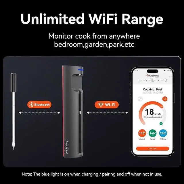 Alt view image 2 of 7 - Pro Smart WiFi Wireless Meat Thermometer, Unlimited Range, Improved Stability, Ultra-Thin Probe, Bluetooth Digital Food Thermometer for Remote Monitoring of Oven/Kitchen/BBQ/Smoker/Rotisserie