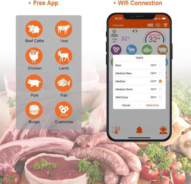 Alt view image 6 of 7 - Wireless Meat Thermometer  Digital Cooking Thermometer with Wireless Probe  500Ft Remote Range Food Thermometer  with iOS & Android Read App -Preprogrammed Temperatures for BBQ, Oven, Grill