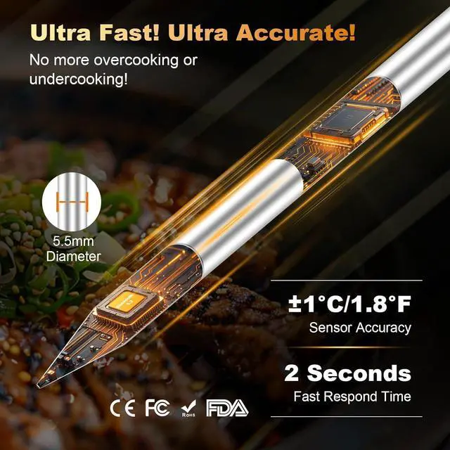 Alt view image 3 of 7 - Wireless Meat Thermometer, Smart APP with Digital Instant Read, Alarm, Long Bluetooth Range, High-Temp-Resist Food Thermometer for Grilling and Smoking, Cooking, Oven, Rotisserie