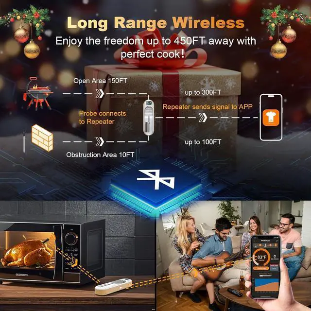Alt view image 5 of 7 - Wireless Meat Thermometer, Smart APP with Digital Instant Read, Alarm, Long Bluetooth Range, High-Temp-Resist Food Thermometer for Grilling and Smoking, Cooking, Oven, Rotisserie