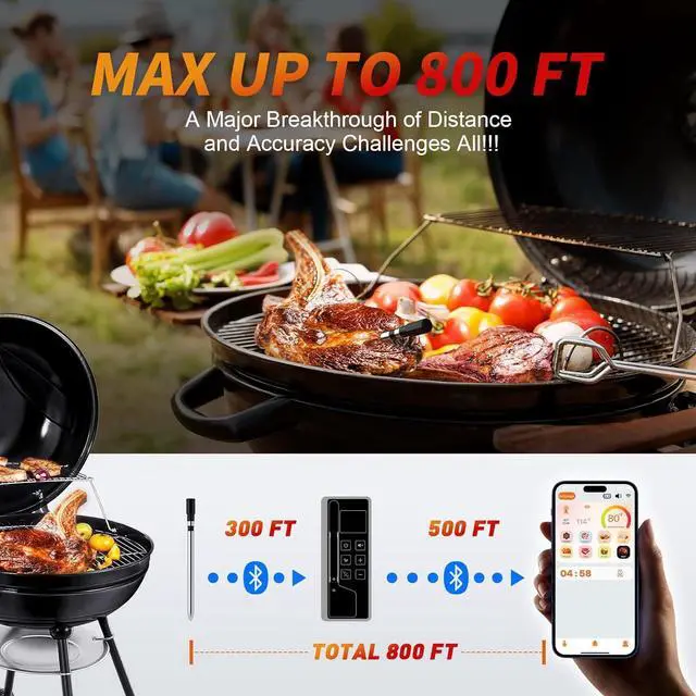 Alt view image 3 of 5 - Meat Thermometer Digital Wireless, 800FT Long Range Bluetooth Cooking Thermometer, Food Thermometer for Remote Monitoring of Grill, Oven, Smoker, Air Fryer, Rotisserie, iOS & Android App