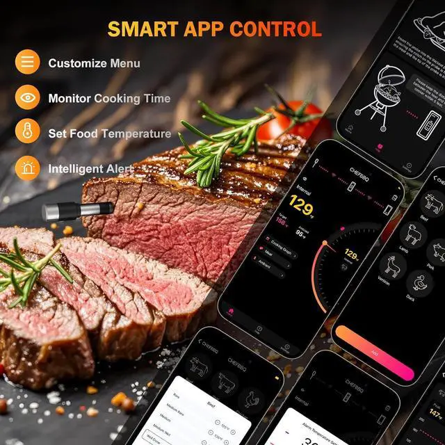 Alt view image 2 of 7 - Thermometer Wireless, 800FT WiFi Bluetooth Digital Thermometer with Smart APP, Temp Precise Improved by 100%, Instant Read Food Thermometer with Alerts for Oven Smoker BBQ Grill