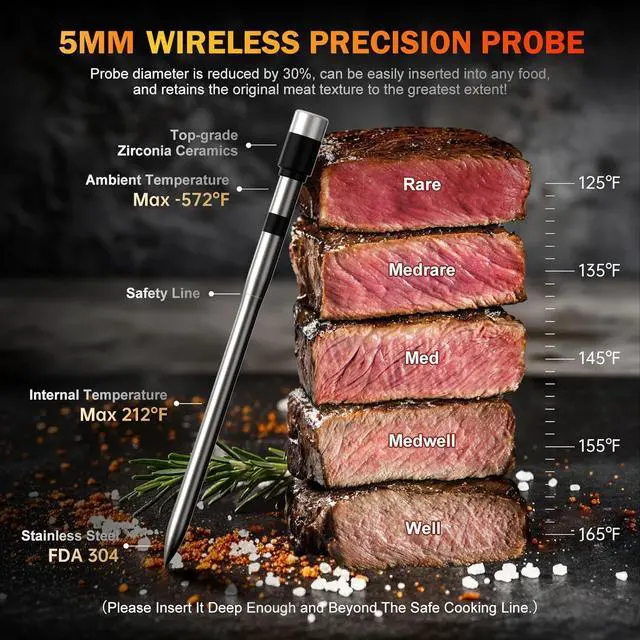 Alt view image 4 of 7 - Thermometer Wireless, 800FT WiFi Bluetooth Digital Thermometer with Smart APP, Temp Precise Improved by 100%, Instant Read Food Thermometer with Alerts for Oven Smoker BBQ Grill