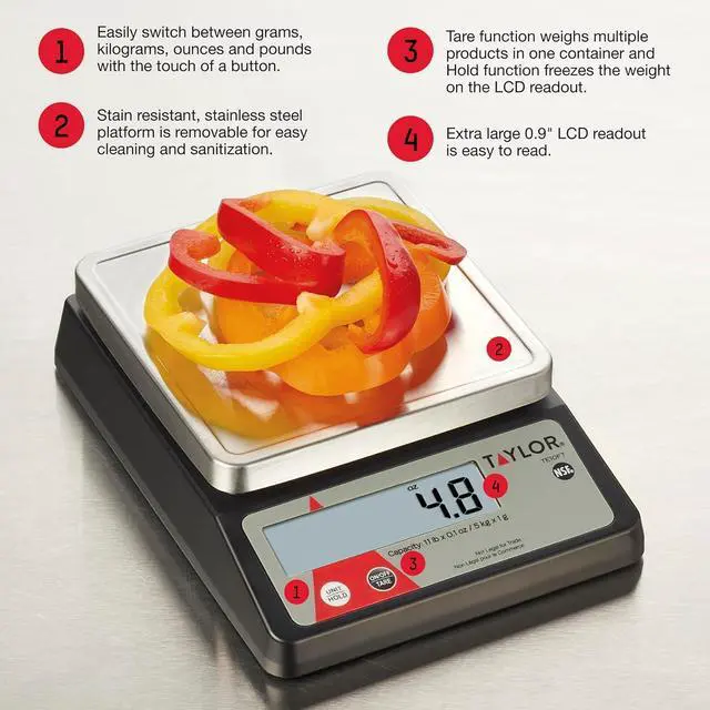 Alt view image 2 of 7 - TE10FT 11-Pound Commercial Digital Portion Control Scale, 11 lb (5 kg) in 0.1 oz (1 g) Food and Cooking Scale, Tare and Hold Function, NSF, Stainless Steel Platform