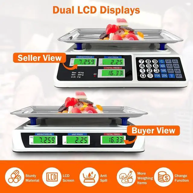 Alt view image 5 of 7 - 88lb/40kg Price Computing Scale, Digital Price Computing Scale with Stainless Steel Large Platform, Weight Food Kitchen Scale with Dual LCD Display for Farmers Market, Retail Outlets, Meat Shop, Deli