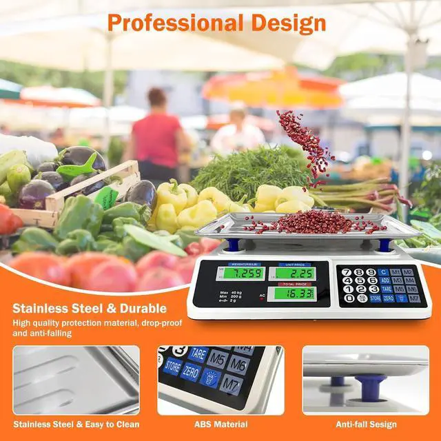 Alt view image 6 of 7 - 88lb/40kg Price Computing Scale, Digital Price Computing Scale with Stainless Steel Large Platform, Weight Food Kitchen Scale with Dual LCD Display for Farmers Market, Retail Outlets, Meat Shop, Deli