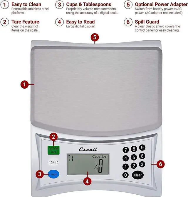 Alt view image 2 of 7 - Pana V136 Large Volume Measuring Kitchen/Baking/Cooking Scale, Preprogrammed with Over 500 Ingredients, LCD Digital Display, 13lb Capacity, Universal, Light Grey