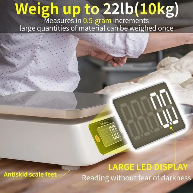 Alt view image 4 of 7 - Food Scale Digital Scale Kitchen Scales Digital Weight, YONCON Baking Scale for Bakers, Candle Making or Soap Making with Stainless Steel Large Platform, 22lb/0.5g, 3*AA Batteries and Adapter Included