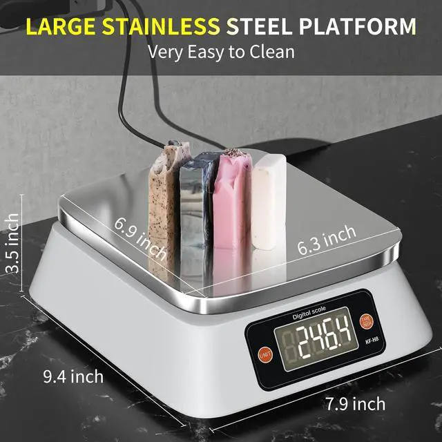 Alt view image 5 of 7 - Food Scale Digital Scale Kitchen Scales Digital Weight, YONCON Baking Scale for Bakers, Candle Making or Soap Making with Stainless Steel Large Platform, 22lb/0.5g, 3*AA Batteries and Adapter Included