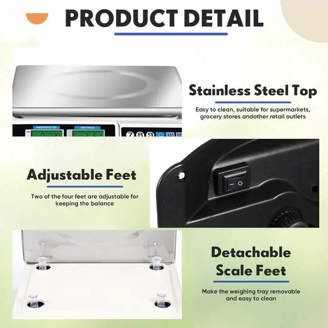 Alt view image 3 of 6 - Electronic Price Computing Scale Digital Commercial Food Scale with LCD Display Accurate Meat Scale Produce Scale Food Weight Scale for Kitchen Farmers Market Deli Shop Retail (88lb/40kg)