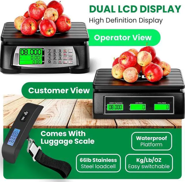 Alt view image 5 of 7 - Digital Commercial Scale for Food with Counting Function (66lb/30kg) - Waterproof Price Computing Scale with Dual LCD Display & 0.002lb/1gr Accuracy - Digital Food Scale for Produce Meat, Fruit, etc.