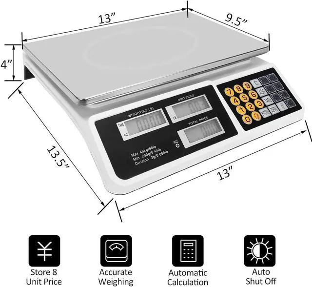 Alt view image 2 of 7 - Digital Commercial Price Scale 88lb/40kg Price Computing Scale, Food Produce Counting Weight Scale with Dual LCD Display for Farmers Market, Retail Outlets, Meat Shop, Deli