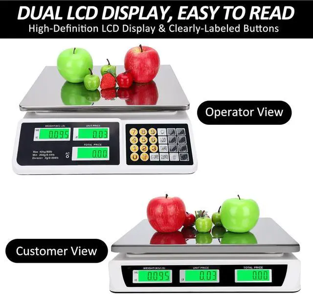 Alt view image 3 of 7 - Digital Commercial Price Scale 88lb/40kg Price Computing Scale, Food Produce Counting Weight Scale with Dual LCD Display for Farmers Market, Retail Outlets, Meat Shop, Deli