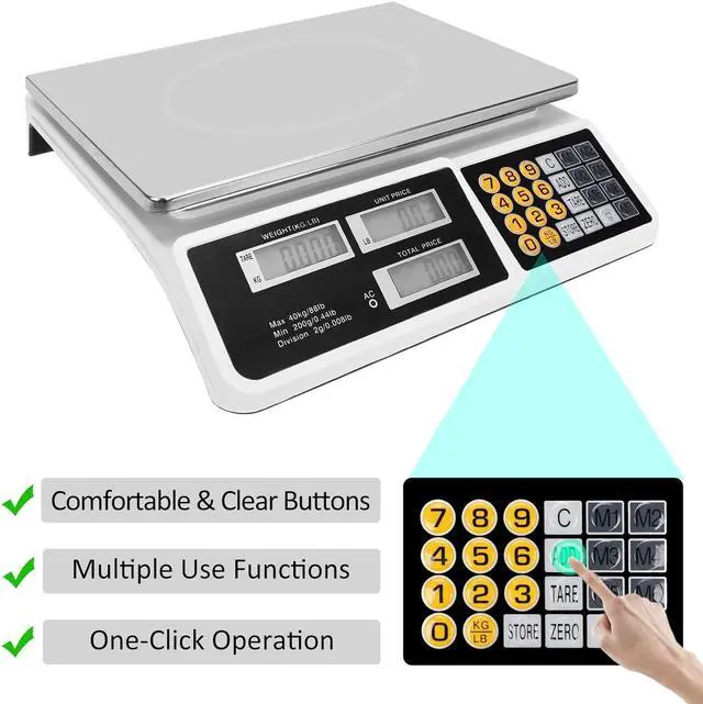 Alt view image 4 of 7 - Digital Commercial Price Scale 88lb/40kg Price Computing Scale, Food Produce Counting Weight Scale with Dual LCD Display for Farmers Market, Retail Outlets, Meat Shop, Deli
