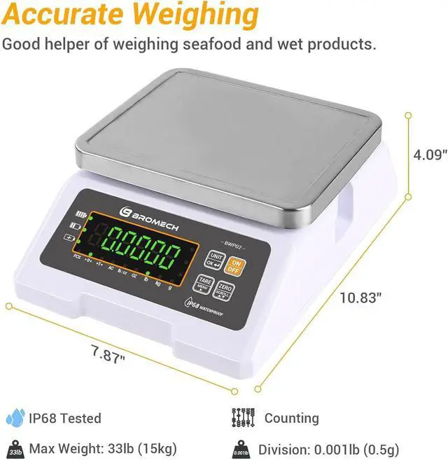 Alt view image 6 of 7 - Scale IP68 Weighs g, oz, lb, kg and lb:oz with Counting Function - 33lb Capacity, 0.001lb Increment, Ideal for Wet Products, Portion Control, Commercial - Stainless Steel Platform