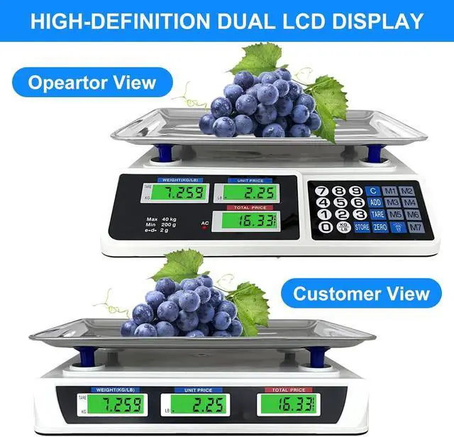 Alt view image 2 of 7 - 88lb/40kg Commercial Food Scale - Digital Price Computing Scale for Farmers' Markets with Price Calculator, for Retail Outlets, Meat Shops & Deli - Accurate Counting and Dual LCD Display