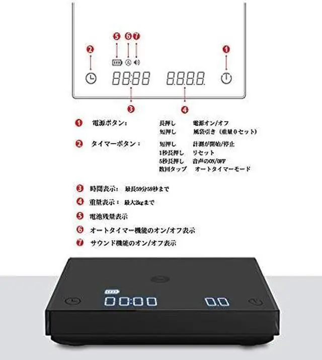 Alt view image 6 of 7 - Black Mirror Basic 2 Coffee Scale with Timer, 2kg/0.1g High Precision Kitchen Scale, Espresso Scale with Flow Rate Function, Digital Coffee Scale for Pour Over Drip Coffee with Silicone Cover