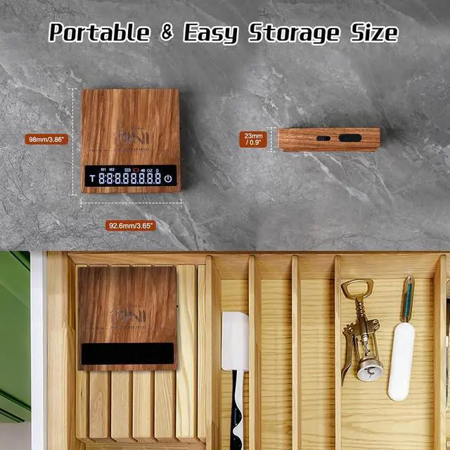 Alt view image 3 of 6 - 0.1g High Precision Digital Mini Coffee Scale, 0.3g to 2kg Measuring Range Rechargeable Espresso Mini Scale with Tare Function, LED Display(Wood)