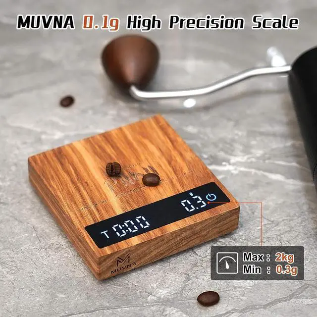 Alt view image 4 of 6 - 0.1g High Precision Digital Mini Coffee Scale, 0.3g to 2kg Measuring Range Rechargeable Espresso Mini Scale with Tare Function, LED Display(Wood)