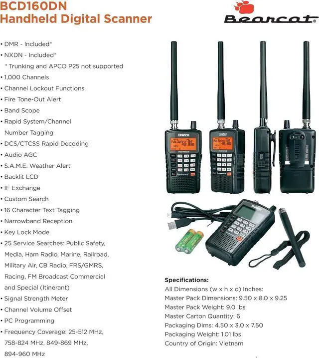 Alt view image 7 of 7 - Bearcat BCD160DN Handheld Digital Scanner, Exclusive Features, Band Scope Rapid System/Channel Number Tagging, Narrow-Band Reception, and Search Features to Detect Signals Faster Than Ever