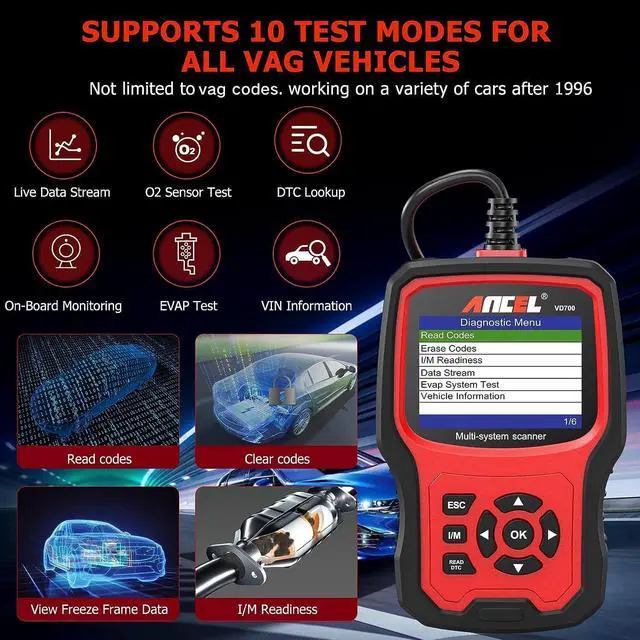 Alt view image 4 of 7 - VD700 Full Systems Diagnostic Tool Fit for Volkswagen VW Audi Skoda Seat, All Functions OBD2 Scanner Car Code Reader for VAG Vehicles with Battery Registration EPB Reset (Upgraded VD500)