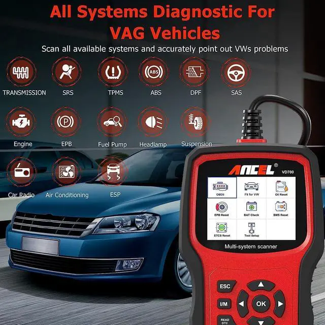 Alt view image 3 of 7 - VD700 Full Systems Diagnostic Tool Fit for Volkswagen VW Audi Skoda Seat, All Functions OBD2 Scanner Car Code Reader for VAG Vehicles with Battery Registration EPB Reset (Upgraded VD500)
