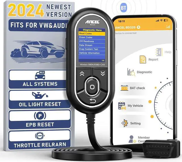 Main image of BD320 OBD2 Scanner for VW Audi Skoda Seat All System Diagnostic Tool with EPB/Throttle/Oil Reset, Check Engine Code Reader for All 1996 & Newer Cars, Bluetooth & Wired & HUD 3 in 1 Scan Tool