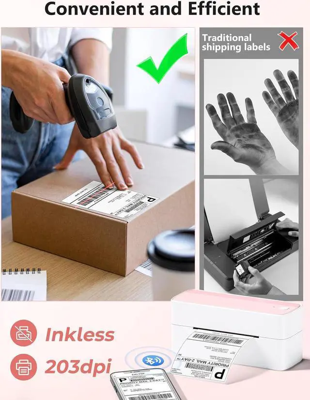 Alt view image 5 of 7 - Bluetooth Thermal Label Printer, 241BT 4X6 Wireless Shipping Label Printer for Small Business, Pink Label Printer for Shipping Package, Compatible with iPhone, Android, , Shopify, UPSP