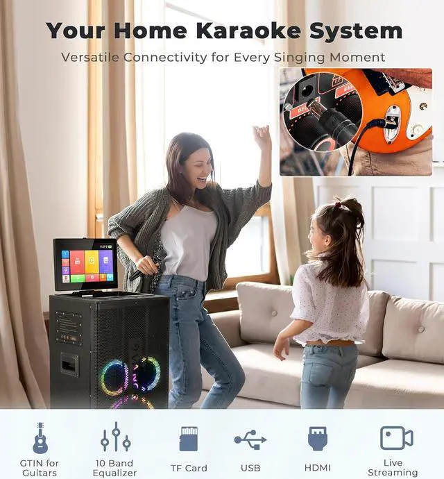 Alt view image 5 of 7 - Professional Karaoke Machine with Lyrics Display Screen for Adults, Portable Bluetooth Karaoke PA Speaker System with 2 UHF Wireless Microphones Built in 14.1" Touch Tablet & WiFi, by Vangoa