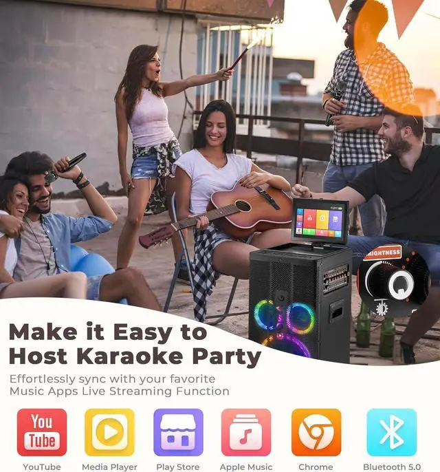 Alt view image 6 of 7 - Professional Karaoke Machine with Lyrics Display Screen for Adults, Portable Bluetooth Karaoke PA Speaker System with 2 UHF Wireless Microphones Built in 14.1" Touch Tablet & WiFi, by Vangoa