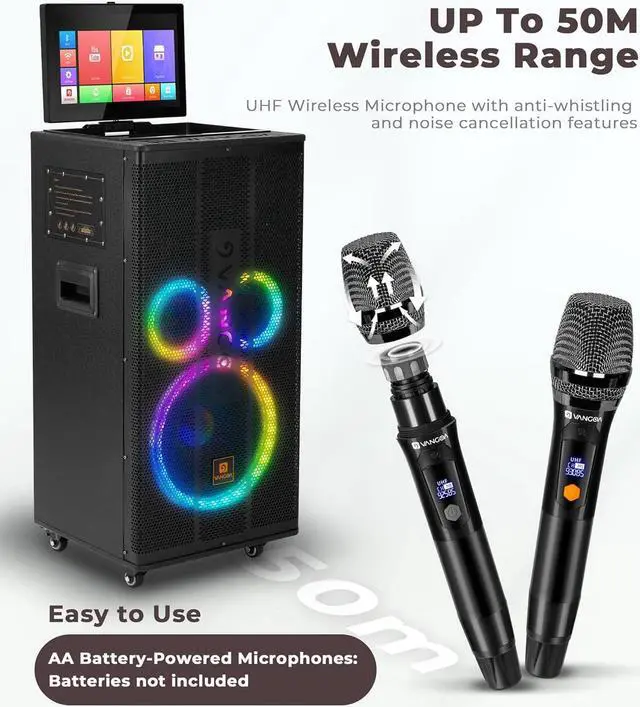 Alt view image 7 of 7 - Professional Karaoke Machine with Lyrics Display Screen for Adults, Portable Bluetooth Karaoke PA Speaker System with 2 UHF Wireless Microphones Built in 14.1" Touch Tablet & WiFi, by Vangoa