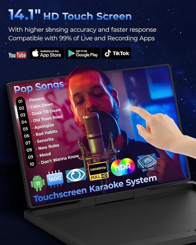 Alt view image 2 of 7 - Professional Karaoke Machine for Adults with Lyrics Display Screen, WiFi Karaoke System Bluetooth Portable Karaoke Speaker with 14.1" Tablet, 2 UHF Wireless Microphones & LED Lights, VK80 Pro Vangoa
