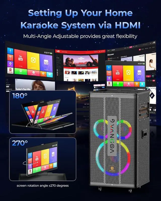 Alt view image 3 of 7 - Professional Karaoke Machine for Adults with Lyrics Display Screen, WiFi Karaoke System Bluetooth Portable Karaoke Speaker with 14.1" Tablet, 2 UHF Wireless Microphones & LED Lights, VK80 Pro Vangoa