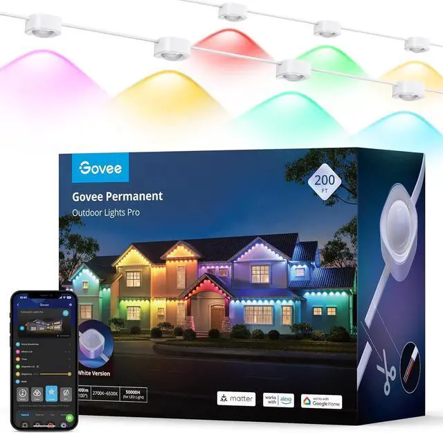Main image of Permanent Outdoor Lights Pro, 200ft with 120 RGBIC LED Lights for Daily and Accent Lighting, 75 Scene Modes for Christmas, IP67 Waterproof, Works with Alexa, Google Assistant, Matter, White