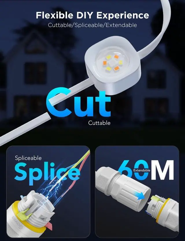 Alt view image 5 of 7 - Permanent Outdoor Lights Pro, 200ft with 120 RGBIC LED Lights for Daily and Accent Lighting, 75 Scene Modes for Christmas, IP67 Waterproof, Works with Alexa, Google Assistant, Matter, White