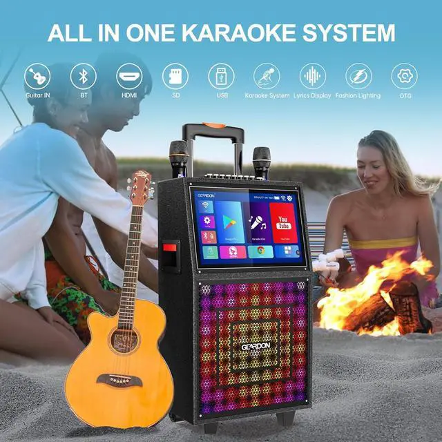 Alt view image 3 of 6 - Karaoke Machine with Lyrics Display Screen for Adults, Built-in 15 Inches Tablet, Bluetooth Speaker with 2 Wireless Mics, DJ Lights, Portable Karaoke System for Any Occasion
