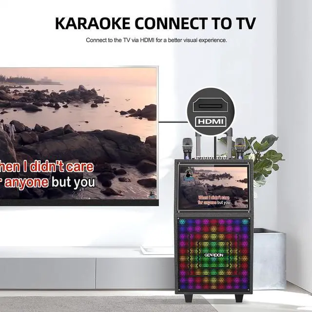 Alt view image 4 of 6 - Karaoke Machine with Lyrics Display Screen for Adults, Built-in 15 Inches Tablet, Bluetooth Speaker with 2 Wireless Mics, DJ Lights, Portable Karaoke System for Any Occasion