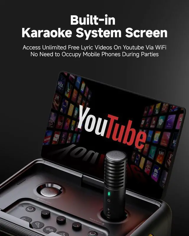 Alt view image 3 of 7 - Smart Karaoke Machine for Adults - with Lyrics Display, 64GB Karaoke Tablet, 2 Wireless Mics, Professional Karaoke System, 300W Peak Power, 4 DJ Lights, Karaoke Speaker for Any Occasion