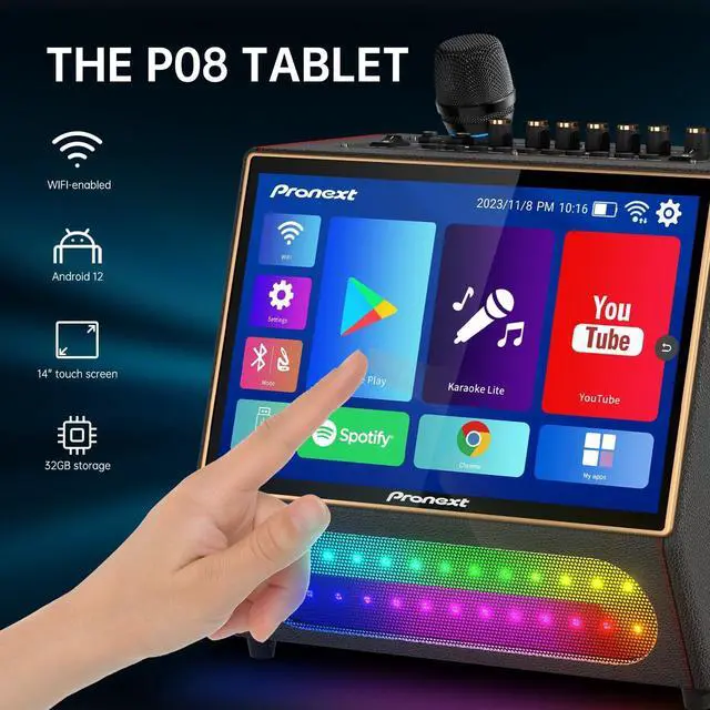 Alt view image 2 of 7 - Karaoke Machine with Lyrics Display Screen for Adults, Bluetooth Speaker with 2 Rechargeable UHF Mics, Built-in 14" Tablet & WiFi, DJ Lights, Portable Karaoke System for Party(Stand Included)
